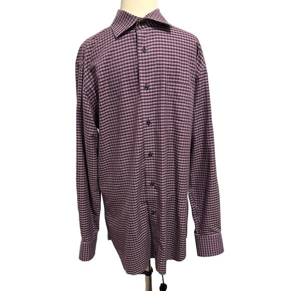 Mens David Donahue Purple Gingham Plaid Check Spread Collar Long Sleeve Shirt L - Picture 1 of 8